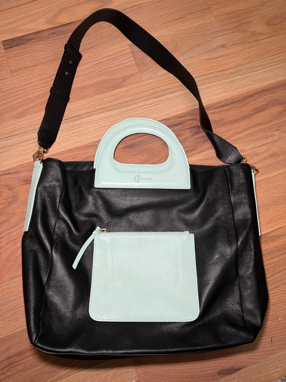Black Tote with Mint Accents - Women's Leather Shoulder Bag